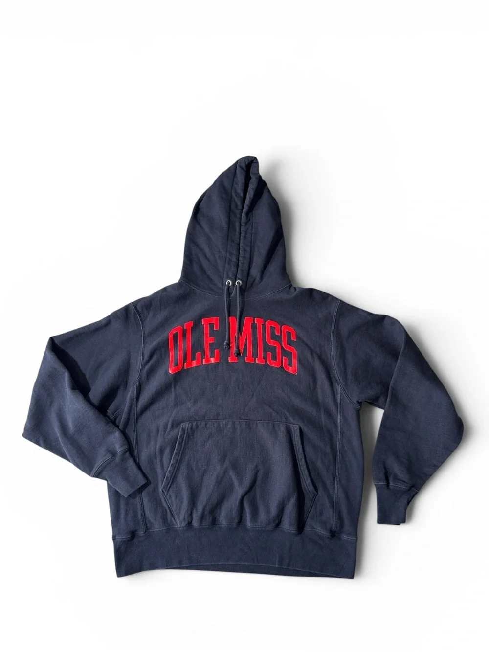 Champion mens L Large Ole Miss blue fleece reverse weave pullover hoodie EUC